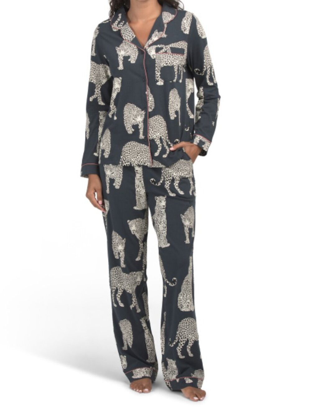 CHELSEA PEERS 2pc Organic Cotton Leopard Print Pajama Top And Pants Set